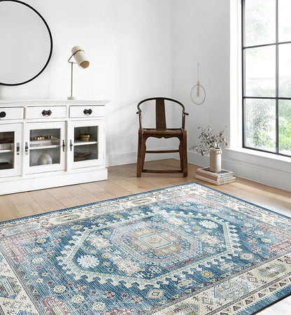 vivorug Blue 5x7 Area Rugs - Ultra-Thin Washable Rug with Non-Slip Backing, Ideal for Living Room, Bedroom, Dining Room Indoor - Vintage, Easy Clean, Durable, Low Pile Rug