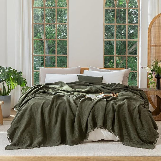 MooMee Muslin Blanket - 100% Cotton 4-Layer Gauze Throw Blanket with All-Around Fringe, Ultra-Soft Breathable Lightweight Cooling Decorative for Bed, Sofa & Couch (Olive Green,Super King 108" x 98")