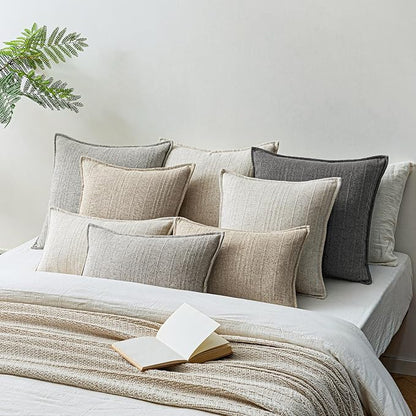a moment Linen Pillow Covers Set of 2,Boho Farmhouse Throw Pillowcases Neutral Textured Decorative Covers for Couch Sofa,Soft Linen Blend Accent Case Cushion Living Room Home Decor 24"x24"Rustic Gray