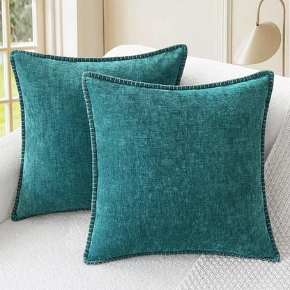 CaliTime Throw Pillow Covers Decorative 22 X 22 Inches Pack of 2 Cotton Thread Stitching Edges Solid Dyed Soft Chenille Cushion Cases for Couch Sofa Bed Living Room Farmhouse Teal