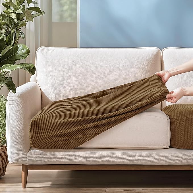 CHUN YI 3Piece Stretch Couch Cushion Covers, Sofa Seat Slipcovers for Pets, Suitable for Armchair Loveseat Sofa with Spandex Jacquard Washable Fabric(3Piece,Coffee)