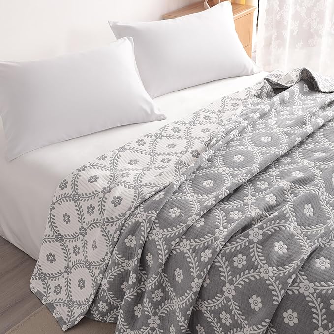 NTBAY 3 Layers Cotton Muslin 106x92 King Bed Blanket, Super Soft Breathable Thermal Yarn Dyed Quilt for Adults, Perfect Lightweight Blanket for Couch Sofa Bed All Seasons, Grey Garlands