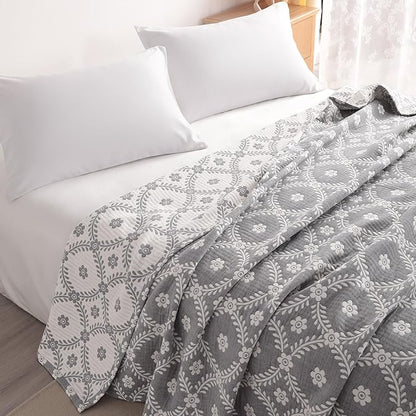 NTBAY 3 Layers Cotton Muslin 106x92 King Bed Blanket, Super Soft Breathable Thermal Yarn Dyed Quilt for Adults, Perfect Lightweight Blanket for Couch Sofa Bed All Seasons, Grey Garlands