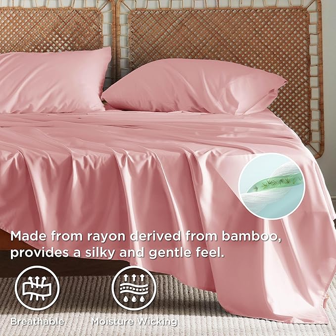 Bedsure Queen Sheet Set, Rayon Derived from Bamboo, Cooling Sheets, Breathable & Soft, Deep Pocket Up to 16 Inches, Hotel Luxury Silky Bedding for Hot Sleepers, Blush Pink