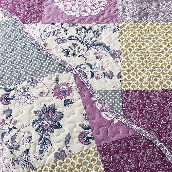 HoneiLife King Size Quilt Sets - 3 Pieces Microfiber Quilt Set Lightweight Bedspreads Reversible Coverlets Rustic Bed Cover King Quilt Bedding Set All Season Quilts-Beige & Purple