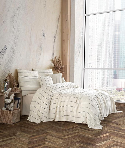 Bohemian 4 Layers Gauze Lightweight Throws,Cotton Muslin Throw Blanket,Breathable Coverlet, 4 Layer Bed Cover (Beige with Black Pinstripe, Oversized 100 x120 inches)