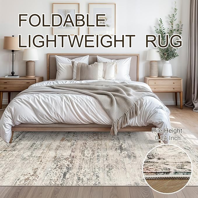 8x10 Area Rugs for Living Room, Stain Resistant Neutral Washable Rugs for Dining Room, Floral Vintage Non-Slip Thin Large Size Area Rug Taupe