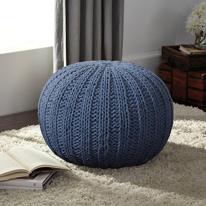 LR Home Blue Cableknit Cotton Round Ottoman for Home Décor | Hand-Made Farmhouse Foot Rest for Bedroom & Living Room | 20 x 20 x 16 Stuffed Pouf for Seating