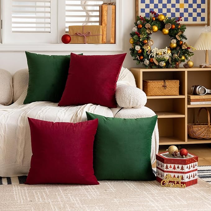 FEVERQIYI 18x18 Velvet Pillow Covers Set of 4 Christmas Green Decorative Square Throw Pillowcase Soft Solid Cushion Covers for Bedroom Living Room Outdoor Indoor Decoration