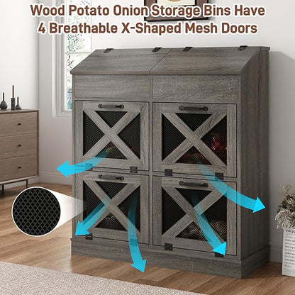 Large Wood Bread Box for Potato,Onion.Veggie Bin W/6 Large Storage Box.Root Vegetable Storage Box For Kitchen,Farmhouse Potato Storage Bin W/4 Mesh Doors,Bread Keeper for Toast,Bagel,Donut,Cookies