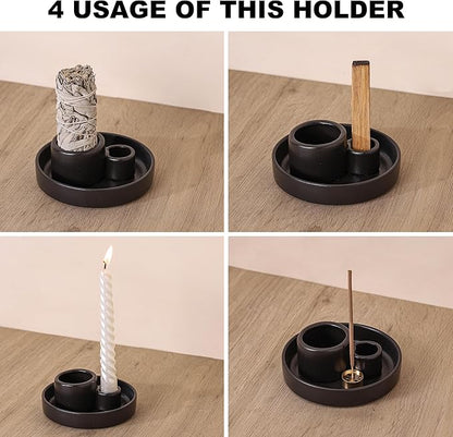 Ceramic Palo Santo and Sage Holder, Incense Holder for Palo Santo Sticks, Sage Burner Dish Stand with Ash Catcher, Modern Minimalist (Black)