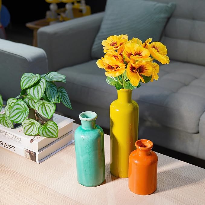 Colorful Ceramic Vase Set Home Decor - Set of 3 Flower Vases, Farmhouse Vases for Decor,Colorful Vase for Living Room,Office,Centerpiece Table Decorations,Boho Flower Mexican Pottery for Wedding