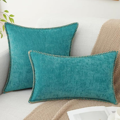 decorUhome Spring Chenille Soft Throw Pillow Covers 22x22 Set of 2, Farmhouse Velvet Neutral Decorative Euro Sham Pillow Covers with Stitched Edge for Couch Sofa Bed Home Decor, Turquoise