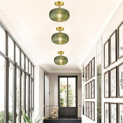 Semi Flush Mount Ceiling Light Fixture,Hallway Light Fixtures,Vintage Globe Glass Ceiling Fixture with Green Shade,Kitchen Ceiling Light Fixture,Farmhouse Ceiling Lighting for Bathroom Entryway Porch