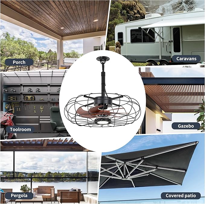 20" Outdoor Ceiling Fan with Light, With Remote and App Remote, IP65 Waterproof Gazebo Hanging Fan, 3CCT Dimmable, Portable Plug in Ceiling Fan with Cord Hook for Patio Porch Pergola Indoor(Black)