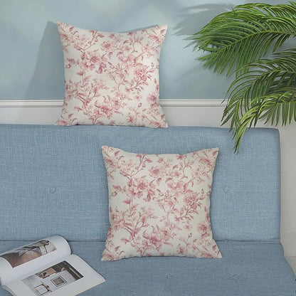 Pink Pillow Covers 20x20 Set of 2 Pink and Cream Floral Chinoiserie Throw Pillows Vintage Rustic Toile Flower Decorative Pillowcase Outdoor Chinoiserie Decor Linen Cushion Case for Couch Sofa