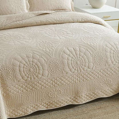 MarCielo 3-Piece 100% Cotton Oversized Bedspread Lightweight Quilt Coverlet Embroidery Farmhouse Bedding (Tf Khaki Beige, Oversized King (118"x106"))