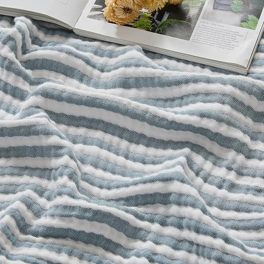 EMME Cotton Muslin King Blanket Bed Layering Bedspread Coverlet Breathable Gauze Soft Lightweight (Striped Teal, 108"x90")