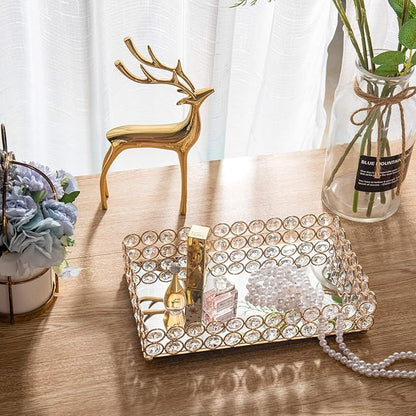 Feyarl 10 Inch Crystal Cosmetic Perfume Tray Vanity Makeup Jewelry Trinket Organizer Mirrored Decorative Tray Storage Home Deco Wedding Dresser Birthday Gift (Gold)