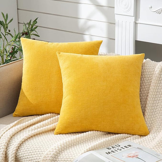 GAWAMAY Decorative Square Throw Pillow Covers 18"x18" Inch Set of 2, Super Soft Chenille Pillows Farmhouse Fall Pillowcase for Living Room Bedroom Sofa Couch Cushion Cover Mustard Yellow 45x45cm