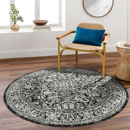 vivorug Round Rug 4ft Vintage-Inspired Round Area Rug Non-Slip Indoor Carpet for Living Room Bedroom Entryway, Stain Resistant Home Decor Circle Rug, Black and White