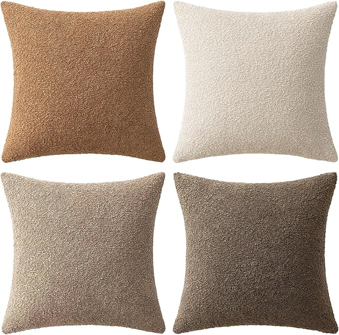 MIULEE Pack of 4 Decorative Textured Boucle Throw Pillow Covers 18x18 Inch Neutral Brown Accent Solid Pillow Cases Couch Cushion Covers for Modern Farmhouse Boho Chair Sofa Bed Room Home Decor