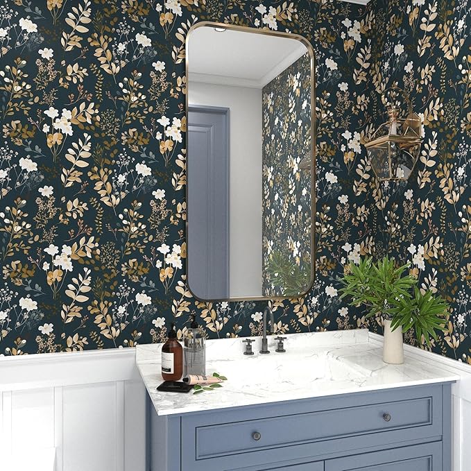 Navy Floral Wallpaper Peel and Stick Boho Wallpaper Vintage Blue/Gold Leaf Contact Paper Waterproof Self Adhesive Modern Wall Paper for Cabinet Walls Kitchen 17.5" x197"