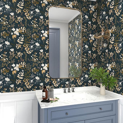 Navy Floral Wallpaper Peel and Stick Boho Wallpaper Vintage Blue/Gold Leaf Contact Paper Waterproof Self Adhesive Modern Wall Paper for Cabinet Walls Kitchen 17.5" x197"