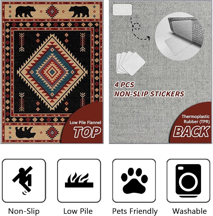 Southwest Rug 6x9 - Native American Bear Cabin Area Rugs for Living Room Bedroom, Rustic Geometric Machine Washable | Non-Slip | Soft Large Carpets, Western Room Decor (Red Tan Black)