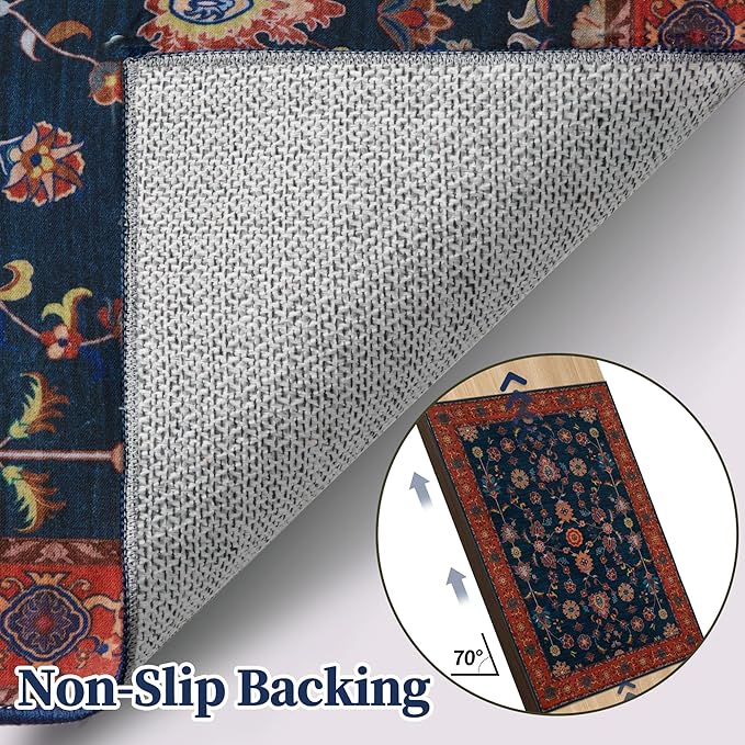 Tangsoo Washable Runner Rug for Hallway Non Slip, 2x5 Boho Floral Vintage Carpet Runner Rugs for Entryway, Floor Low Pile Runners for Kitchen Bathroom Laundry Bedroom Alfombra Red Blue Farmhouse