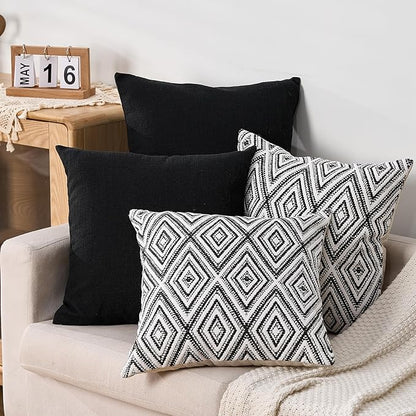 HPUK Decorative Throw Pillow Covers Set of 4 Geometric Design Linen Cushion Cover for Couch Sofa Living Room, 20"x20" inches, Black