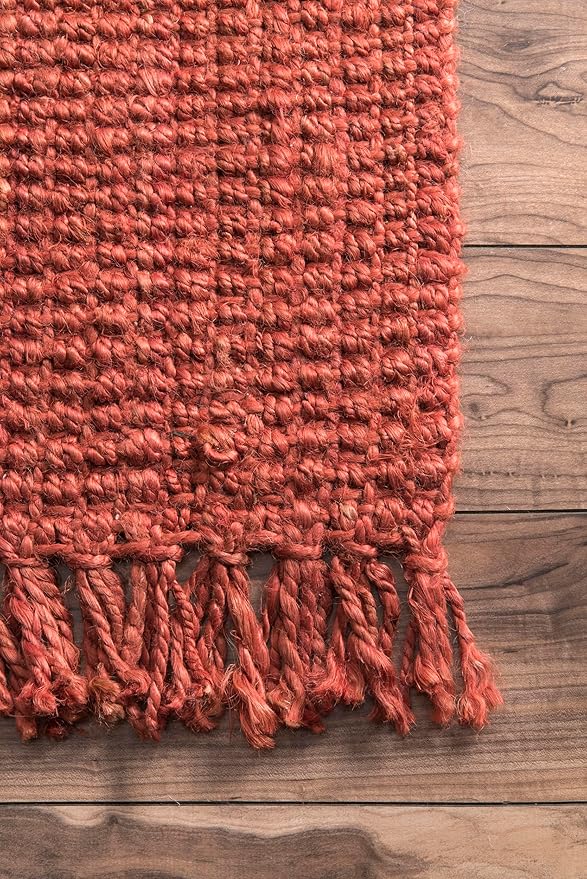nuLOOM 8x10 Daniela Jute Tassel Hand Woven Area Rug, Brick, Solid Chunky Farmhouse Design, Natural Fiber, For Bedroom, Dining Room, Living Room, Hallway, Office, Entryway