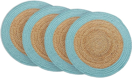 Chardin home Round Verona Woven Jute & Cotton Braided PLACEMAT (Set of 4), Size -15” Round, Color - Natural Jute with Aqua Blue Border.