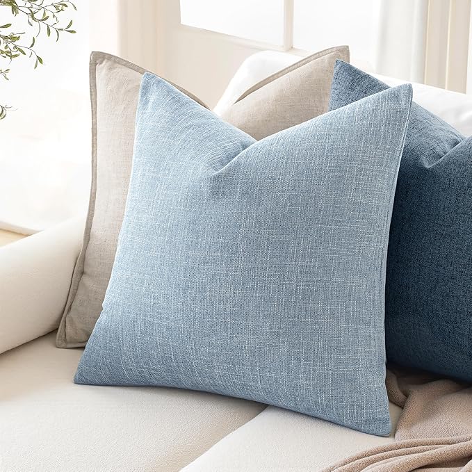 MIULEE Pack of 2 Decorative Linen Burlap Textured Pillow Covers Farmhouse Boho Accent Pillowcases Spring Coastal Home Decor for Couch Sofa Bedroom Living Room 18x18 Inch Light Blue