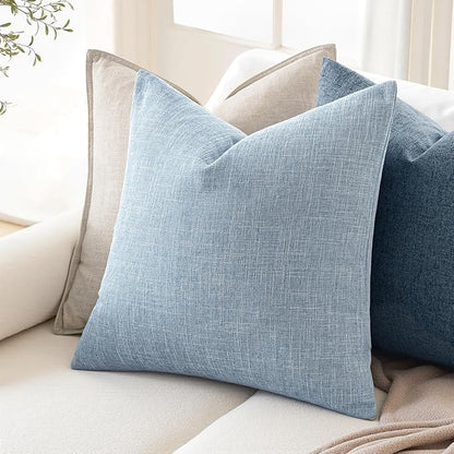 MIULEE Pack of 2 Decorative Linen Burlap Textured Pillow Covers Farmhouse Boho Accent Pillowcases Spring Coastal Home Decor for Couch Sofa Bedroom Living Room 18x18 Inch Light Blue