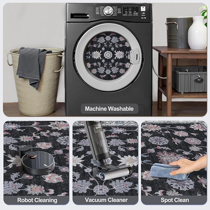 Tangsoo Washable Runner Rug for Hallway Non Slip, 2.6x8 Boho Floral Vintage Carpet Runner Rugs for Entryway, Floor Low Pile Runners for Kitchen Bathroom Laundry Bedroom Alfombra Black Red Farmhouse