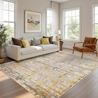 5x7 Area Rugs for Bedroom Living Room,Non-Slip Washable Modern Neutral Abstract Rugs for Dining Room, Foldable Thin Indoor Carpet Stain Resistant(Beige Gold)