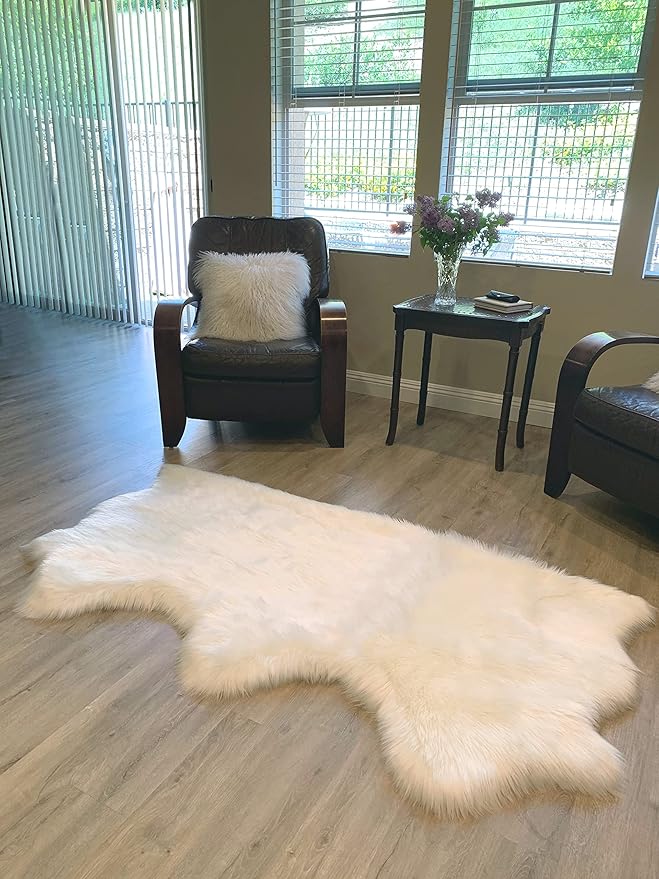 LAMBZY Faux Sheepskin Super Soft Hypoallergenic Silky Shag Rug for Living Room, Kids Room, Sofa (Triple Side by Side 3'x6', White)