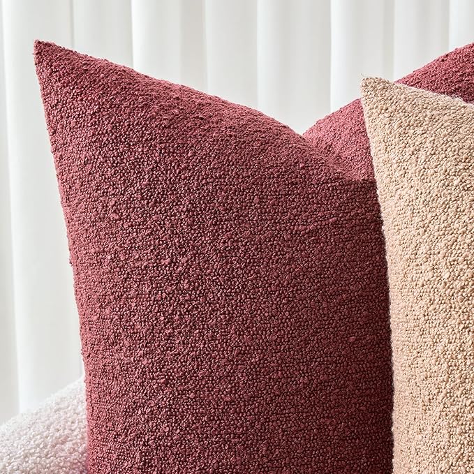 Woaboy Pack of 2 18x18 Inch Decorative Boucle Throw Pillow Covers Textured Square Pillowcaes Accent Solid Cozy Soft Cushion Covers Home Decor for Sofa Couch Living Room Home Decor,Burgundy