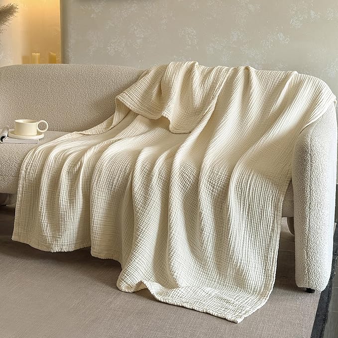 FALUCA Cotton Muslin Reversible Blanket King Size for Bed, Couch, Four Layers Blanket, Soft Lightweight Cozy Breathable Farmhouse Decoration for All-Season, Beige
