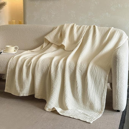 FALUCA Cotton Muslin Reversible Blanket King Size for Bed, Couch, Four Layers Blanket, Soft Lightweight Cozy Breathable Farmhouse Decoration for All-Season, Beige