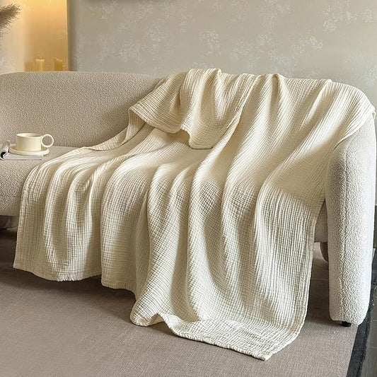 FALUCA Cotton Muslin Reversible Blanket Queen Size for Bed, Couch, Four Layers Blanket, Soft Lightweight Cozy Breathable Farmhouse Decoration for All-Season, Beige