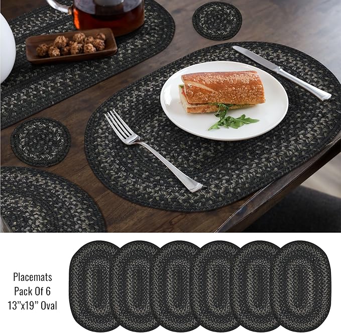 Homespice Jet Black Braided Oval Placemats, Warm Primitive Decor, Set of 6, 13x19 Jute Table Mats - Vibrant Colors, Durable, Easy to Clean and Protects Furniture