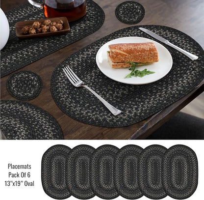 Homespice Jet Black Braided Oval Placemats, Warm Primitive Decor, Set of 6, 13x19 Jute Table Mats - Vibrant Colors, Durable, Easy to Clean and Protects Furniture