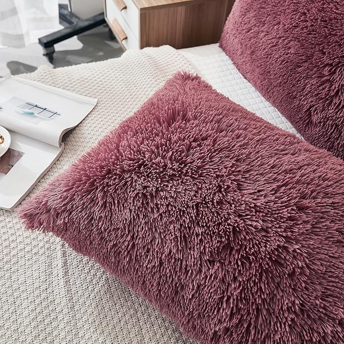 Uhamho Set of 2 Standard Pillowcases Faux Fur Throw Pillow Covers Queen Size Shams Soft Velvet Decorative Zipper Closure (Dusty Rose, 20"x26")