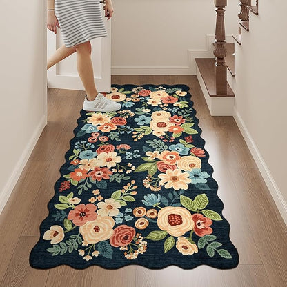 DUKINO 2x4 Washable Runner Rugs, Non Slip Floral Print Entryway Rug with Soft Low Pile, Lightweight Mat for Living Room, Bathroom, Bedroom, Kitchen, Navy Blue