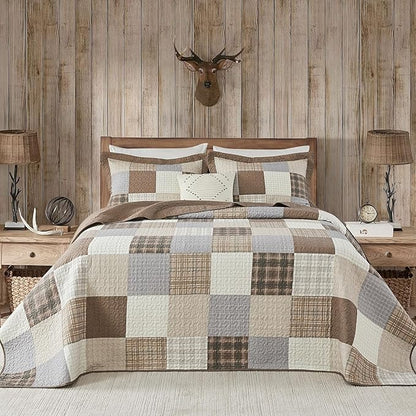 100% Cotton King Bedspread 120"x120", Oversized Quilt Bedspread Coverlet Set, Farmhouse Plaid Patchwork Pattern, Reversible Quilted Bedding Set, 3 Pieces, Khaki/Gray/Brown