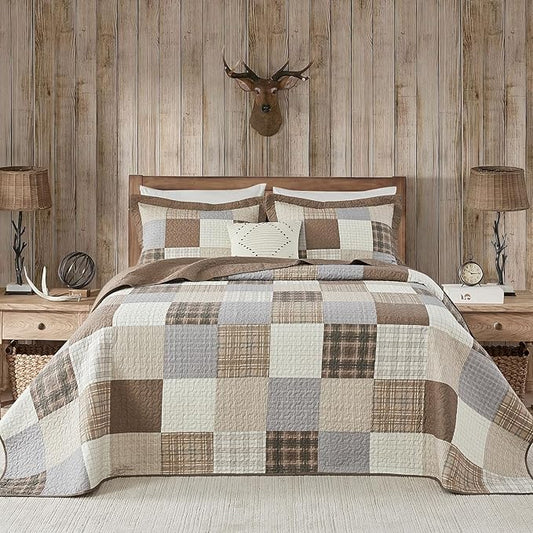 100% Cotton Queen Bedspread 120"x102", Oversized Quilt Bedspread Coverlet Set, Farmhouse Plaid Patchwork Pattern, Reversible Quilted Bedding Set, 3 Pieces, Khaki/Gray/Brown