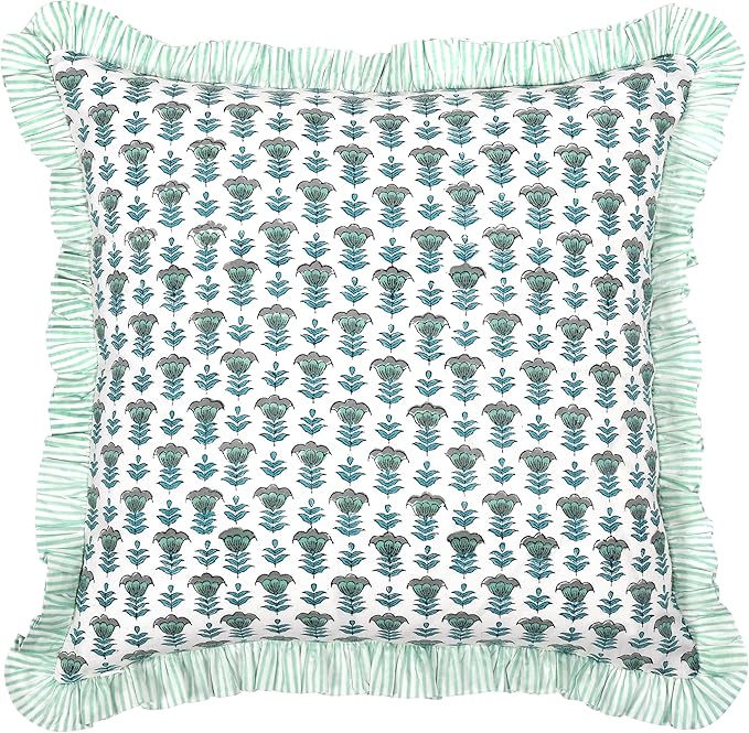 Ridhi Modern Farmhouse Pillow Covers Decorative Cotton Throw Pillow Covers Set of 2 Aquamarine Blue Cushion Covers with Ruffle for Couch Sofa Bed Living Room Spring Home Decor 16x16