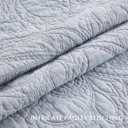 EVERGRACE 100% Cotton Paisley Quilt Set, King Size 3 Piece Set – Prewashed Lightweight Bedspread with 2 Shams, Soft & Breathable Matelasse Coverlet for All-Season Comfort, Pearl Blue